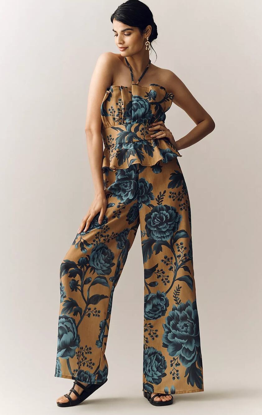 ESPECIA Anthropologie Halter Floral Peplum Jumpsuit Size Small